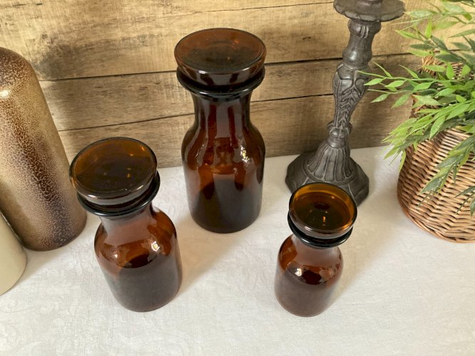 1025⚜️ Déco Lot de Trois Anciens Pots Décoratif Apothicaire Ambré Vintage