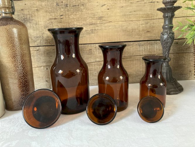 1025⚜️ Déco Lot de Trois Anciens Pots Décoratif Apothicaire Ambré Vintage