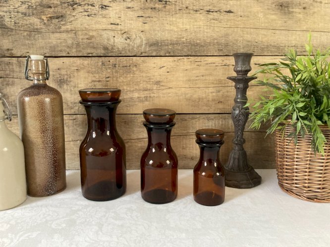 1025⚜️ Déco Lot de Trois Anciens Pots Décoratif Apothicaire Ambré Vintage