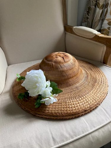 11 ⚜️ Ancien Grand Chapeau en Osier Rotin Vintage Diamètre 43 Cm