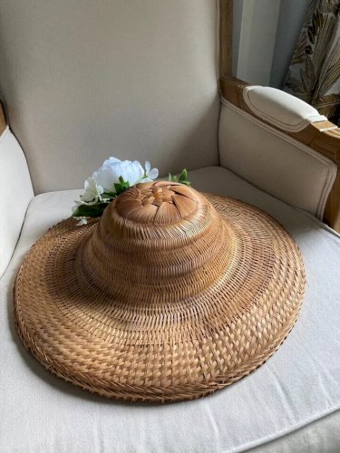 11 ⚜️ Ancien Grand Chapeau en Osier Rotin Vintage Diamètre 43 Cm