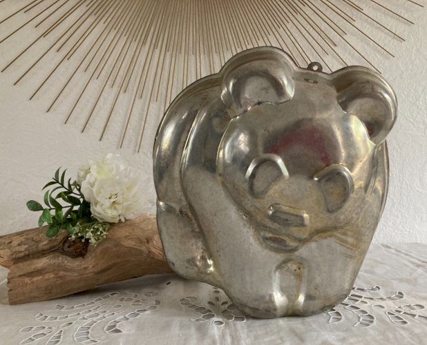 1124⚜️ Ancien Moule à Gâteau Déco Forme D'ours en Acier Inox H 30 Cm Vintage