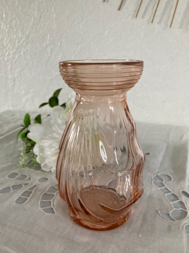 1124⚜️ Décoration Ancien Vase à Bulbe en Verre Rose Année 50 Art Déco H 15 Cm