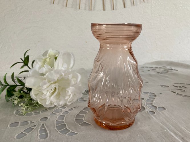 1124⚜️ Décoration Ancien Vase à Bulbe en Verre Rose Année 50 Art Déco H 15 Cm