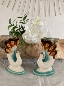 1124⚜️ Decoration Set Two Vases Flower Holders Peacock Shape Height 12 Cm