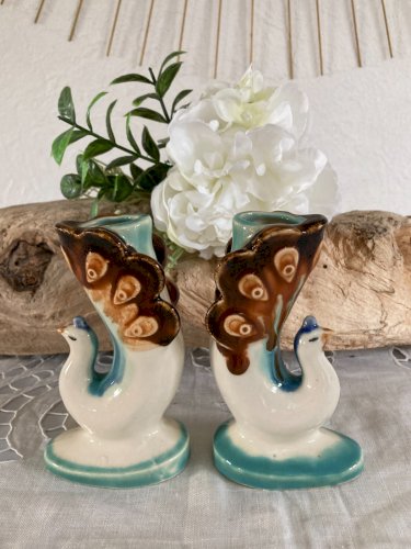 1124⚜️ Décoration Ensemble Deux Vases Porte Fleurs Forme De Paon Hauteur 12 Cm