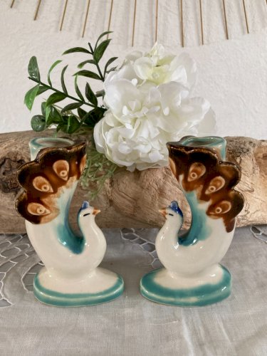 1124⚜️ Décoration Ensemble Deux Vases Porte Fleurs Forme De Paon Hauteur 12 Cm