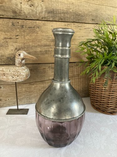 1125⚜️ Décoration Ancienne Carafe à Whisky en Verre et Étain Hauteur 27 Cm