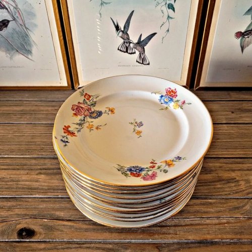 12 assiettes à dessert en porcelaine M8S France, décor floral