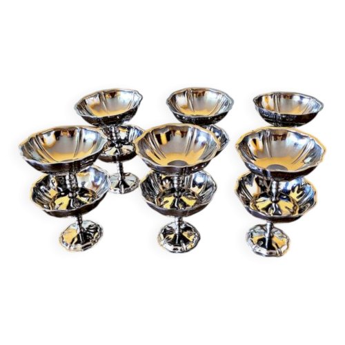 12 Coupes ou coupelles à glaces (sorbet) vintage en inox, forme de fleur