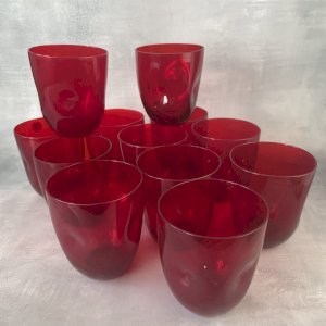 12 red pinch drinking glasses, Imperial Pinch Ruby Red Russel Wright?