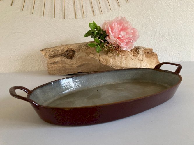 1224⚜️ Ancien Plat Ovale en Fonte Émaillée Longueur 33 Cm Bordeaux Vintage