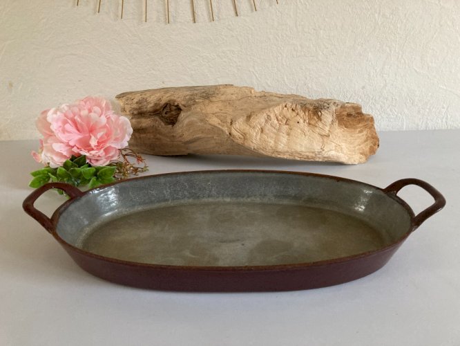 1224⚜️ Ancien Plat Ovale en Fonte Émaillée Longueur 33 Cm Bordeaux Vintage