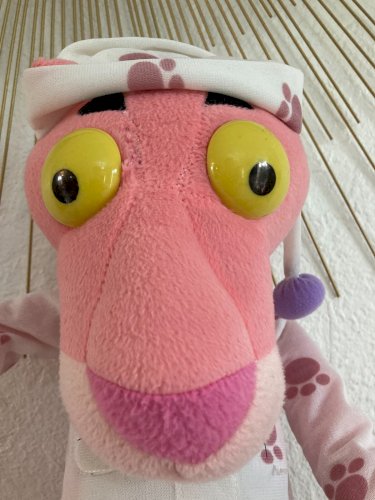 1224 ⚜️ Ancienne Peluche Doudou La Panthère Rose Hauteur 40 Cm Assis Vintage