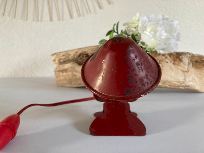 1224⚜️ Ancienne Petite Lampe à Pince Champignon Baladeuse Veilleuse Métal Rouge