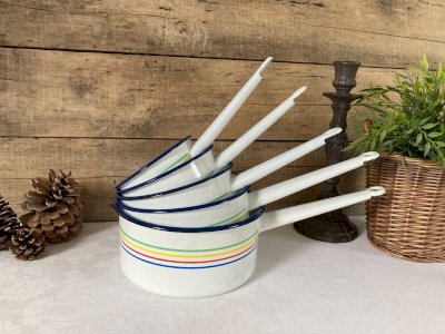 1225⚜️ Lot de 5 Anciennes Casseroles Blanche en Tôle Émaillée