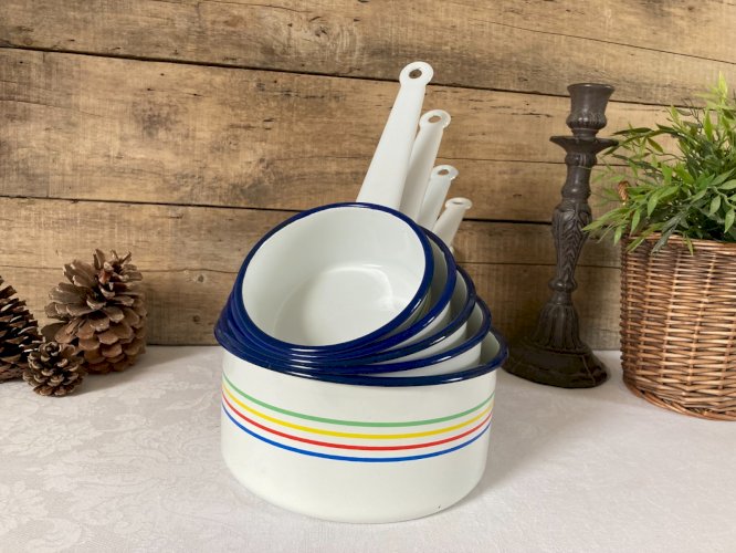 1225⚜️ Lot de 5 Anciennes Casseroles Blanche en Tôle Émaillée