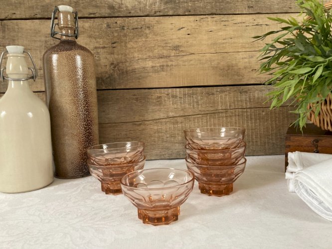 126⚜️ 6 Anciennes Petites Coupelles Rosaline Art Déco en Verre Rose Diam 8,5 Cm