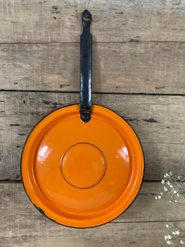 126⚜️ Ancien Couvercle en Tôle Émaillée Orange Vintage Diamètre 20 Cm
