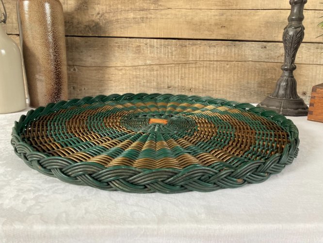 126⚜️ Ancien Grand Plateau de Service en Osier Rotin Vintage Diamètre 43 Cm