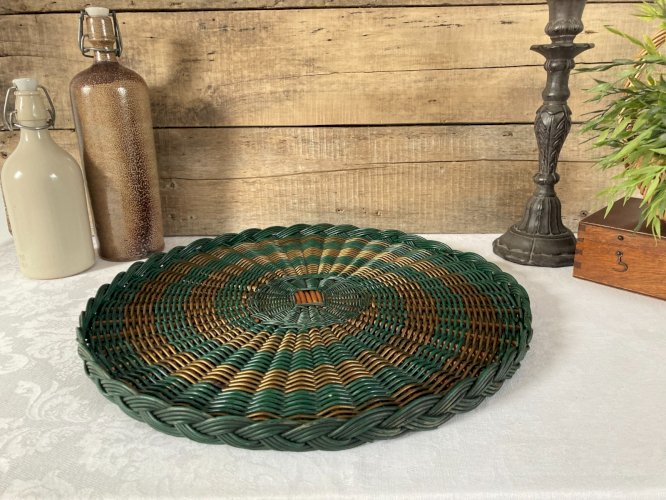 126⚜️ Ancien Grand Plateau de Service en Osier Rotin Vintage Diamètre 43 Cm