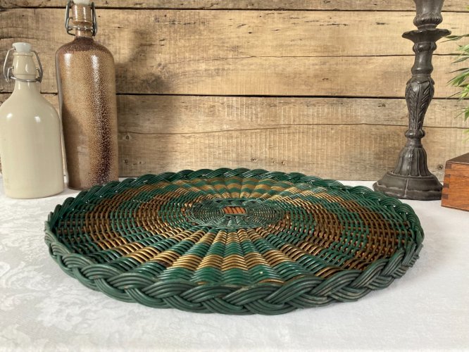 126⚜️ Ancien Grand Plateau de Service en Osier Rotin Vintage Diamètre 43 Cm
