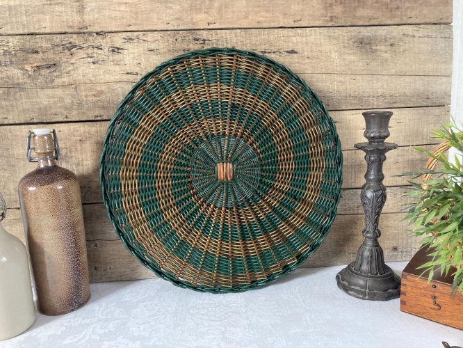 126⚜️ Ancien Grand Plateau de Service en Osier Rotin Vintage Diamètre 43 Cm