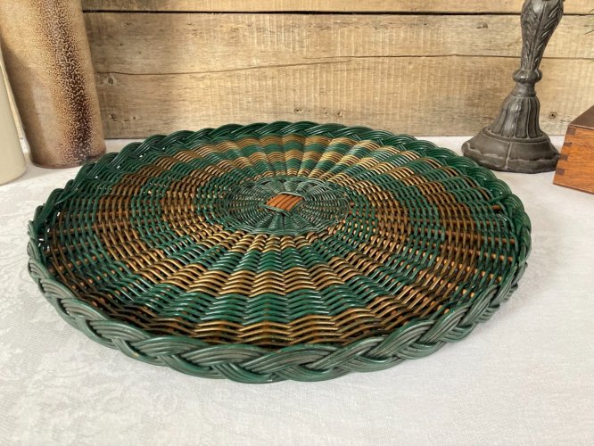126⚜️ Ancien Grand Plateau de Service en Osier Rotin Vintage Diamètre 43 Cm