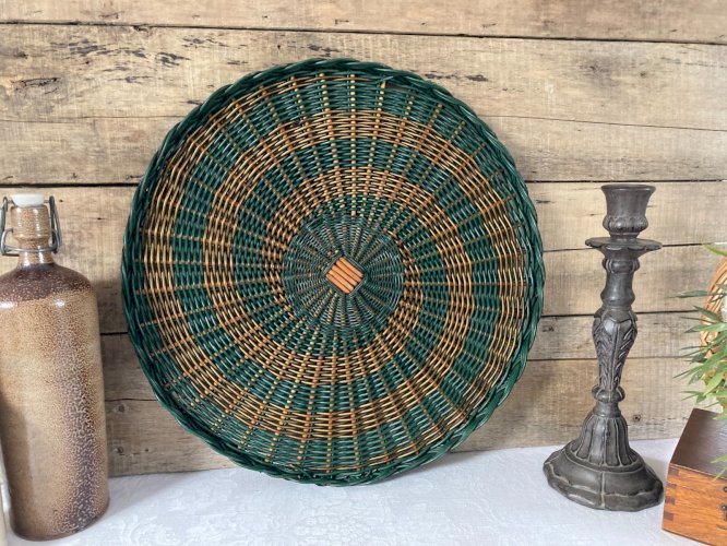 126⚜️ Ancien Grand Plateau de Service en Osier Rotin Vintage Diamètre 43 Cm