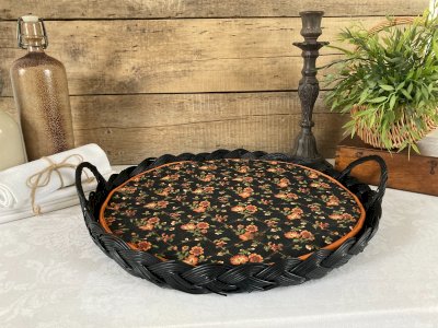 126⚜️ Ancien Grand Plateau de Service Panier Rond en Osier Rotin Diamètre 41 Cm