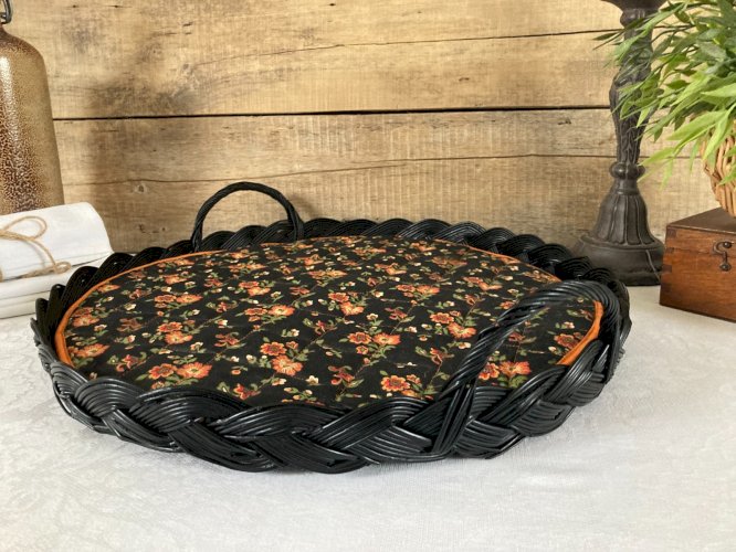 126⚜️ Ancien Grand Plateau de Service Panier Rond en Osier Rotin Diamètre 41 Cm