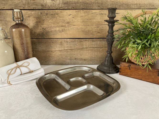 126⚜️ Ancien Plateau à Compartiments Plateau de Service Inox 18% Made In France