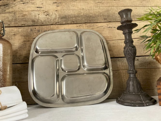 126⚜️ Ancien Plateau à Compartiments Plateau de Service Inox 18% Made In France