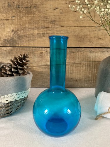 126⚜️ Ancien Vase Boule en Verre Bleu Vintage Hauteur 21 Cm