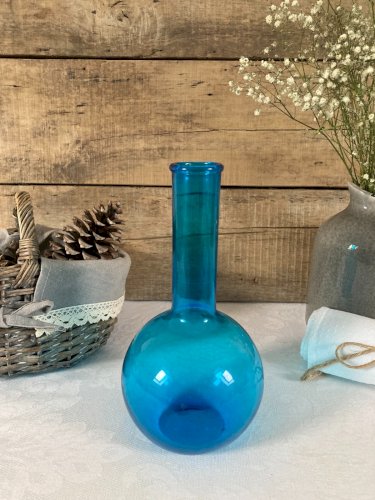 126⚜️ Ancien Vase Boule en Verre Bleu Vintage Hauteur 21 Cm