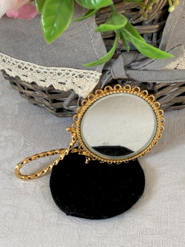 126⚜️ Déco Ancien Petit Miroir de Sac à Main Doré Vintage Diamètre 6 Cm