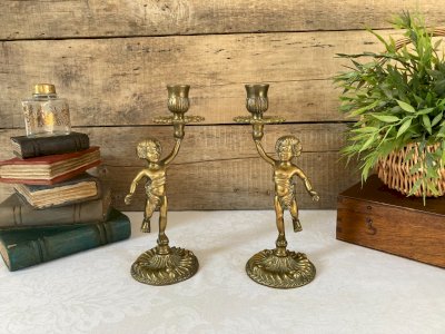126⚜️ Déco Deux Anciens Porte-Bougies Chandeliers Chérubins en Laiton et Bronze