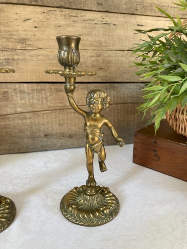 126⚜️ Déco Deux Anciens Porte-Bougies Chandeliers Chérubins en Laiton et Bronze
