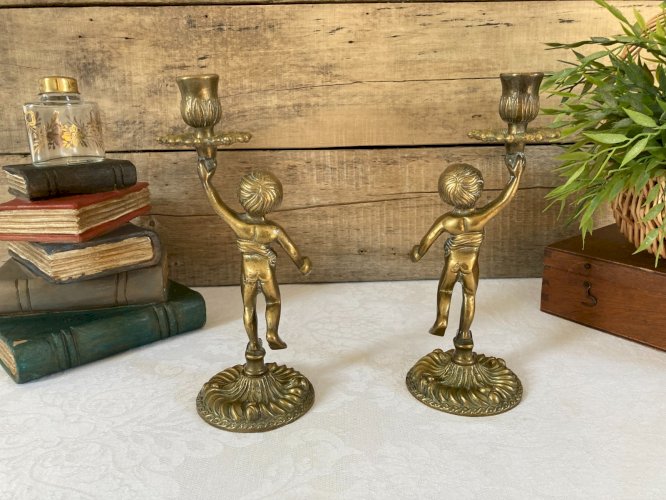 126⚜️ Déco Deux Anciens Porte-Bougies Chandeliers Chérubins en Laiton et Bronze