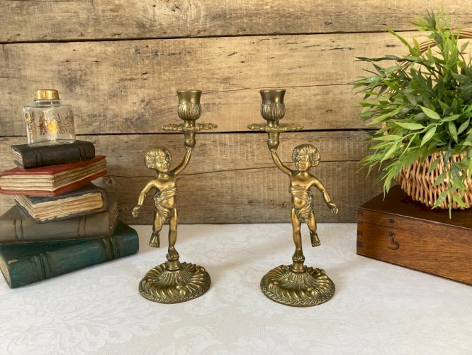126⚜️ Déco Deux Anciens Porte-Bougies Chandeliers Chérubins en Laiton et Bronze