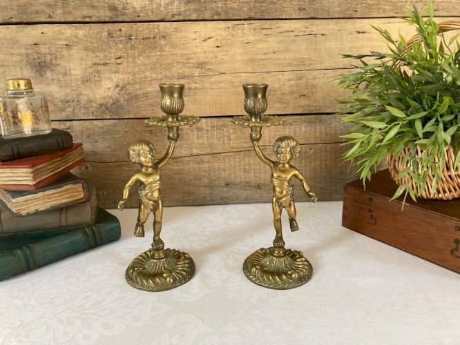 126⚜️ Déco Deux Anciens Porte-Bougies Chandeliers Chérubins en Laiton et Bronze