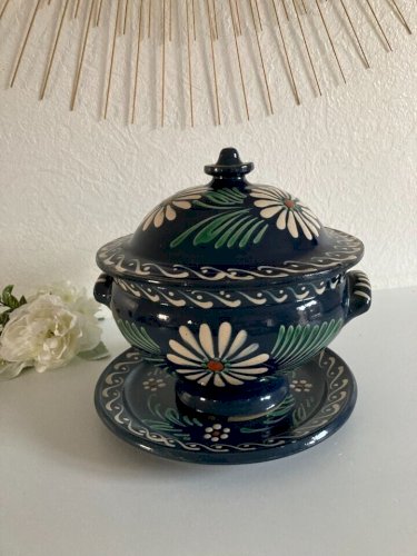 15⚜️  Ancienne Soupière Poterie Alsacienne Couleur Bleu Nuit Ø 19 Cm Vintage