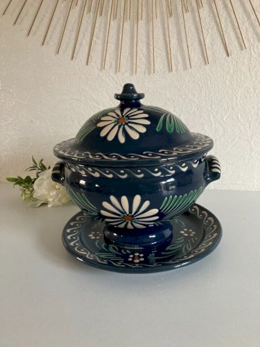 15⚜️  Ancienne Soupière Poterie Alsacienne Couleur Bleu Nuit Ø 19 Cm Vintage
