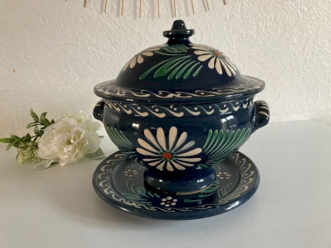 15⚜️  Ancienne Soupière Poterie Alsacienne Couleur Bleu Nuit Ø 19 Cm Vintage