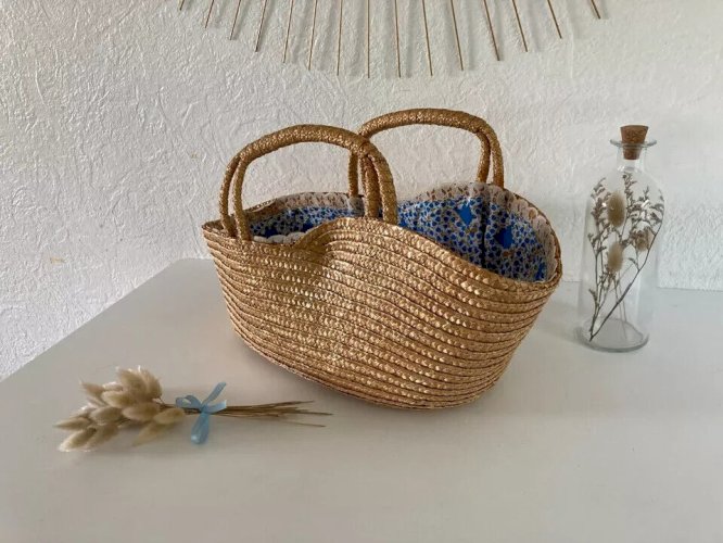 18 ⚜️ Ancien Petit Couffin Pour Poupée, Poupon en Osier Vintage Longueur 40 Cm