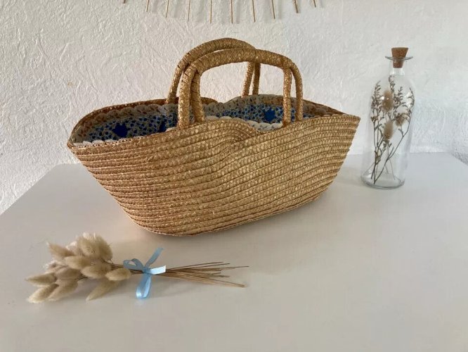18 ⚜️ Ancien Petit Couffin Pour Poupée, Poupon en Osier Vintage Longueur 40 Cm