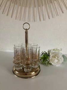 18 ⚜️ Ancien Service à Verres Liqueur Support en Métal Doré Lot 6 Verres Vintage
