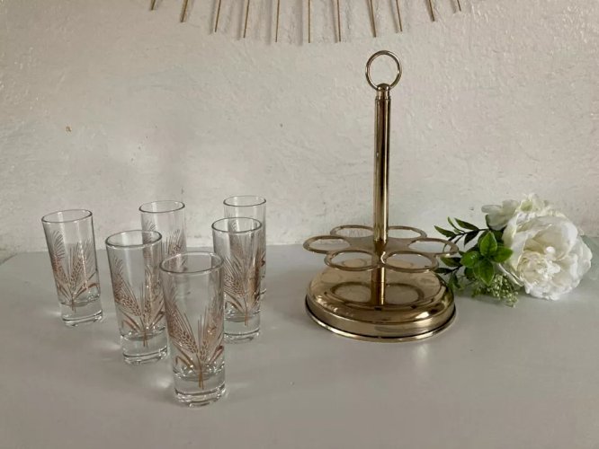 18 ⚜️ Ancien Service à Verres Liqueur Support en Métal Doré Lot 6 Verres Vintage