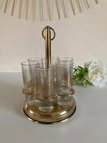 18 ⚜️ Ancien Service à Verres Liqueur Support en Métal Doré Lot 6 Verres Vintage