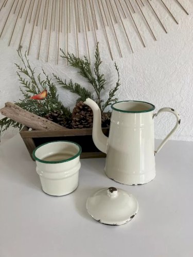 18 ⚜️ Ancienne Cafetière émaillée Liseré Vert Vintage Hauteur 26 Cm